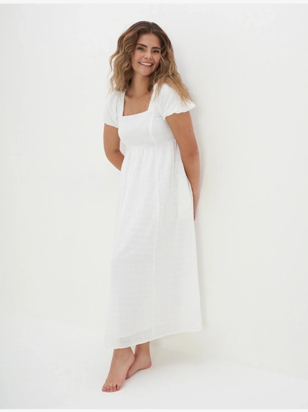 American Eagle Square Neck White Maxi Dress with Puff Sleeves